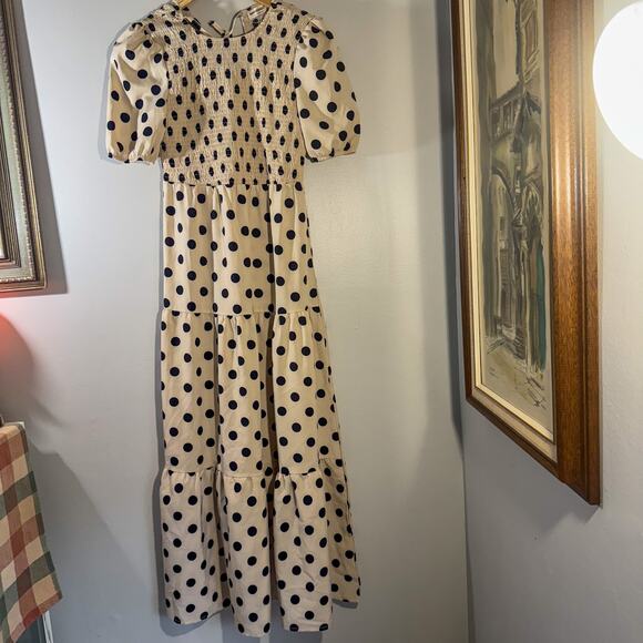 nna-Kaci Polka Dot Smocked Maxi Dress | Puff Sleeve Tiered Cottagecore - Picture 1 of 7
